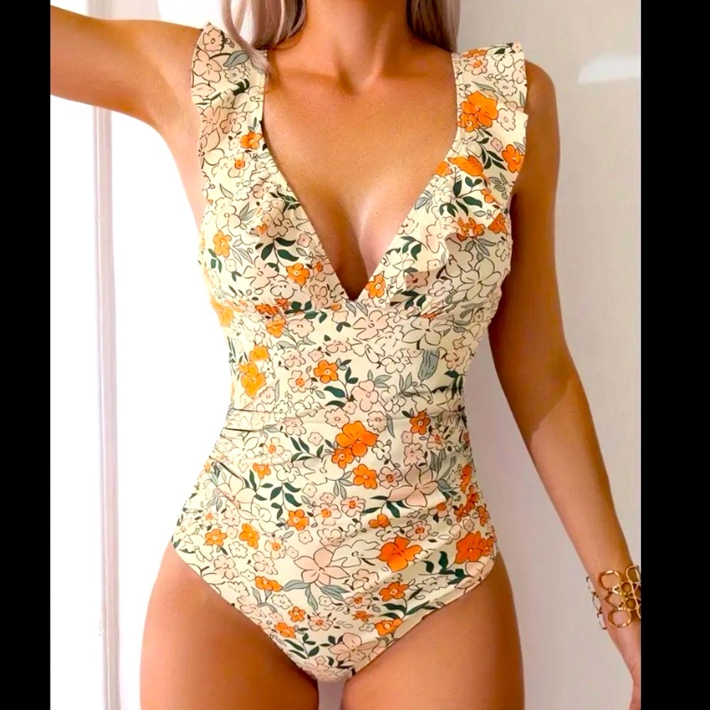 ⛔️ SOLD OUT⛔️ One Piece Swimsuit with Ruffled V-Neck with Open Hole Back